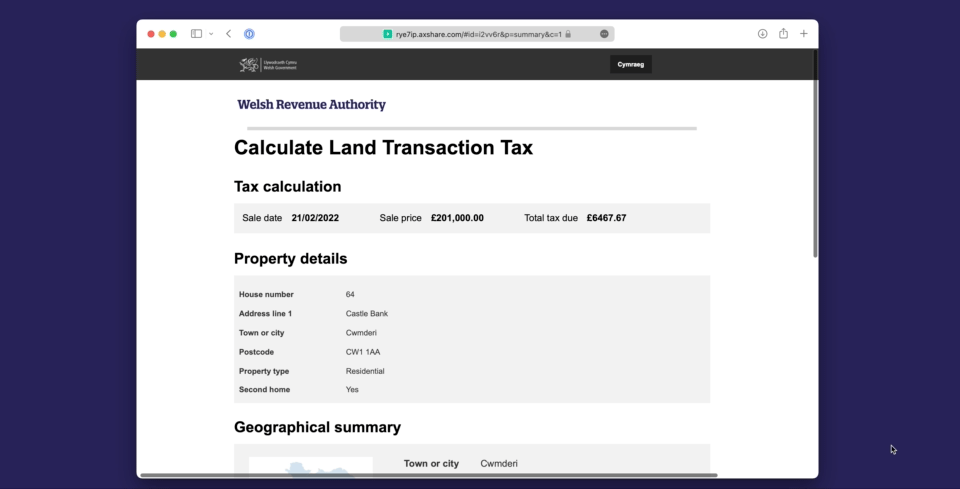 A mockup of a results page of a Welsh Government branded tax calculator showing which ‘tax zone’ a property is in.