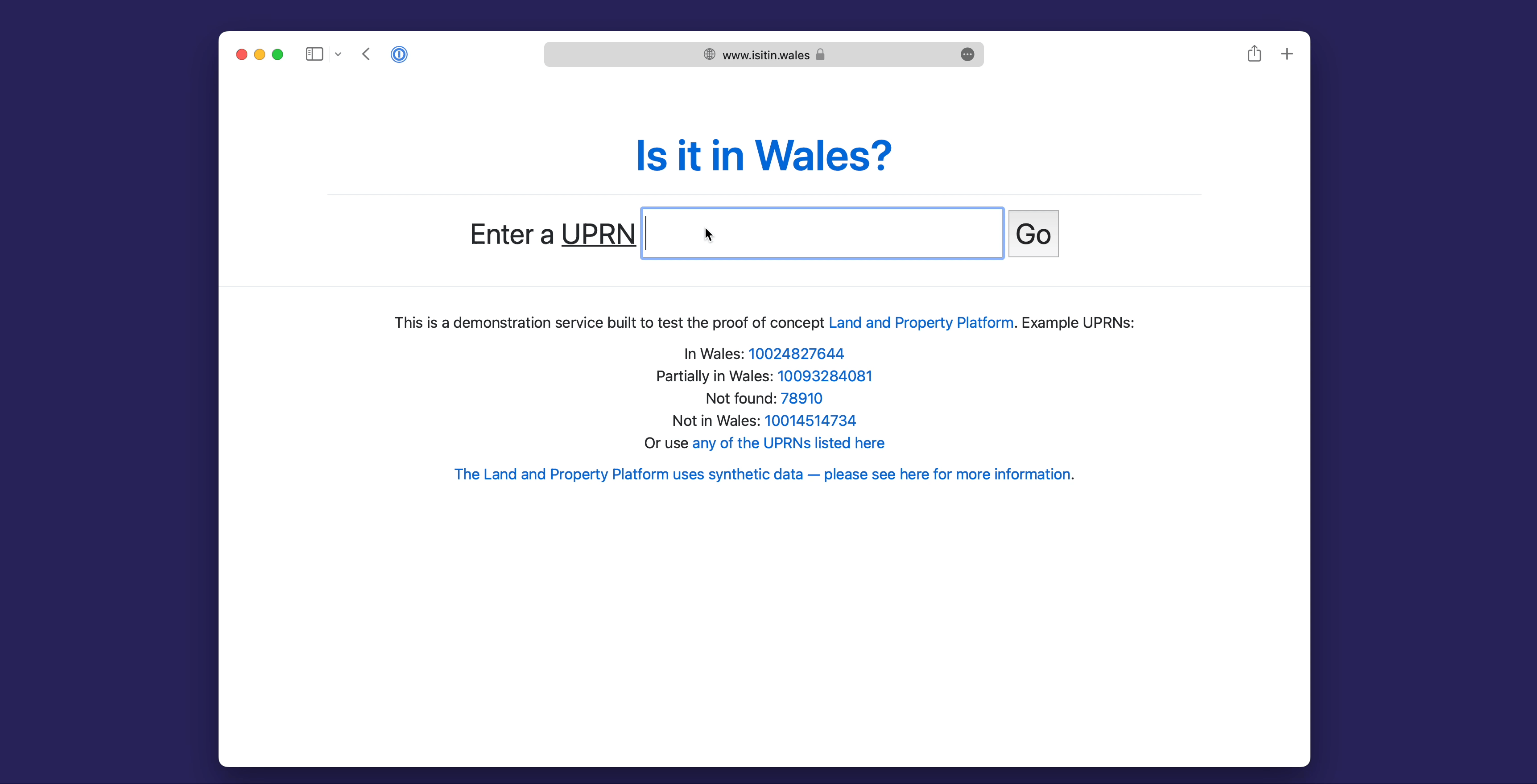 A gif showing UPRN’s being entered into the Is It In Wales website and getting different answers.