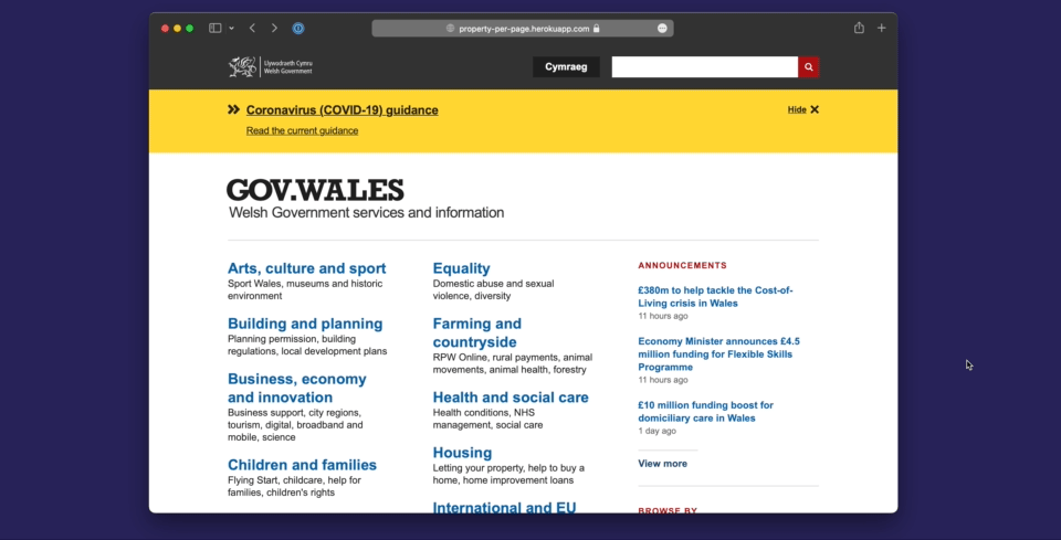 An animated gif of a postcode being entered into the search box on wales.gov. The user is shown a list of addresses, then clicks through to see information about that property, including it;s energy rating and bin collection day.