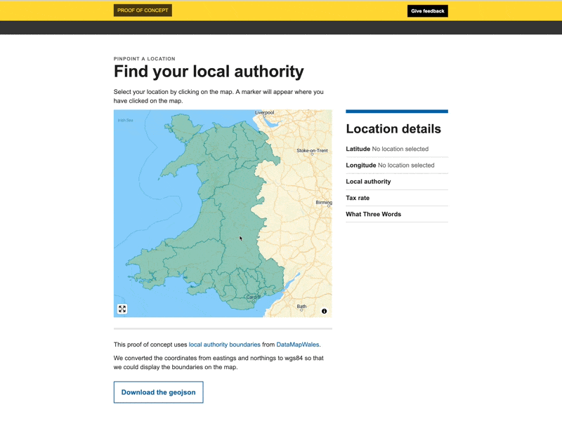 A screen capture showing a user clicking on a map of Wales. When they click the display changes to show the latitude and longitude of the point they clicked and the current Local Authority the point is in