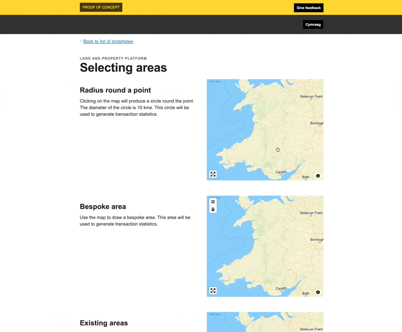 A screen capture showing 3 different ways users could define an area. First, there is clicking on the map which draws a circle around a point. Second is drawing an area on the map. And the third option is selecting pre-existing shapes.