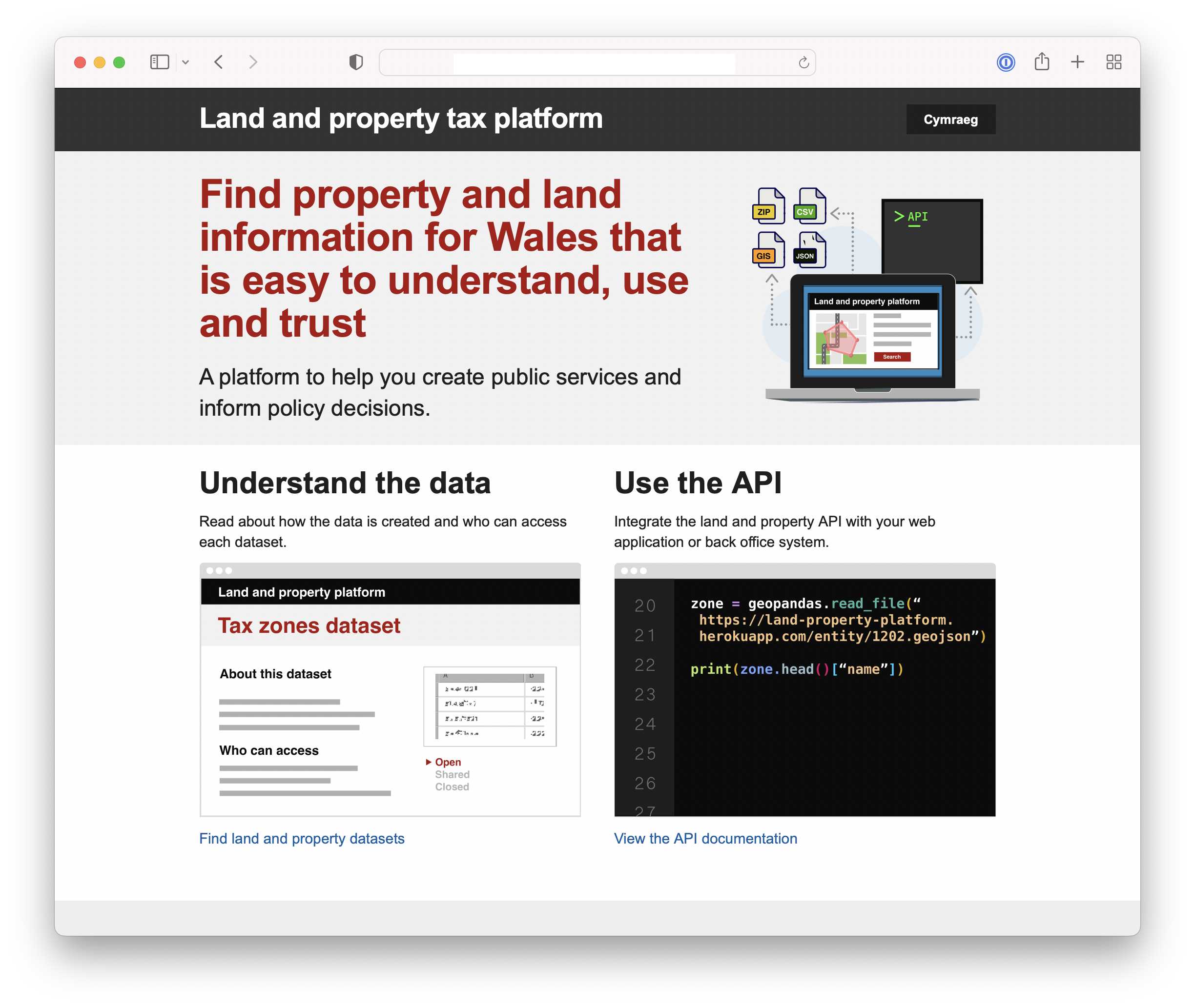 Landing page of the Land and Property data platform.. includes image of a computer exporting different data formats