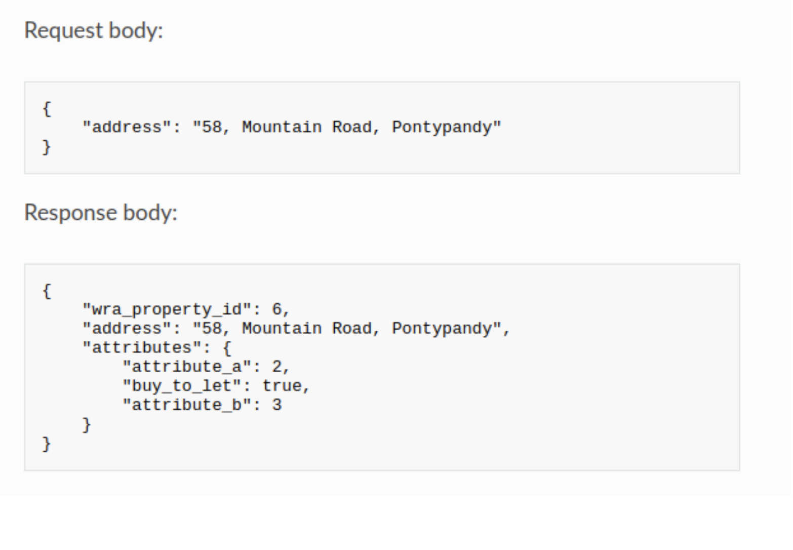 Example API response showing multiple attributes against a property